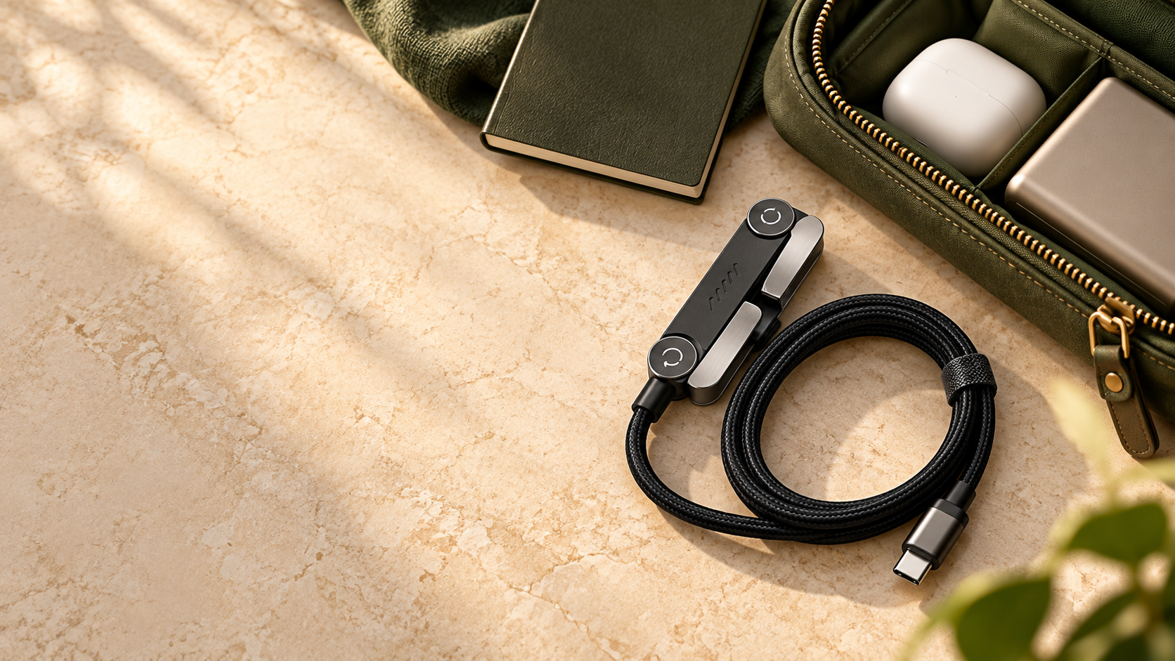 Braided cable packed neatly with travel essentials