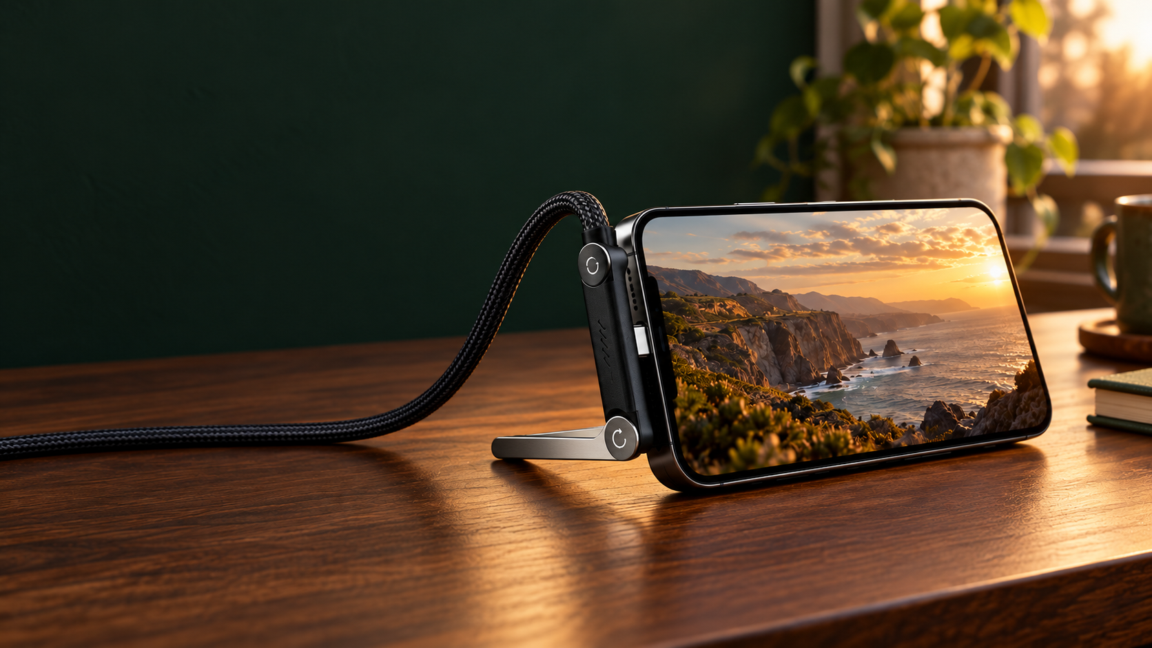 Braided USB-C charging cable with built-in phone stand