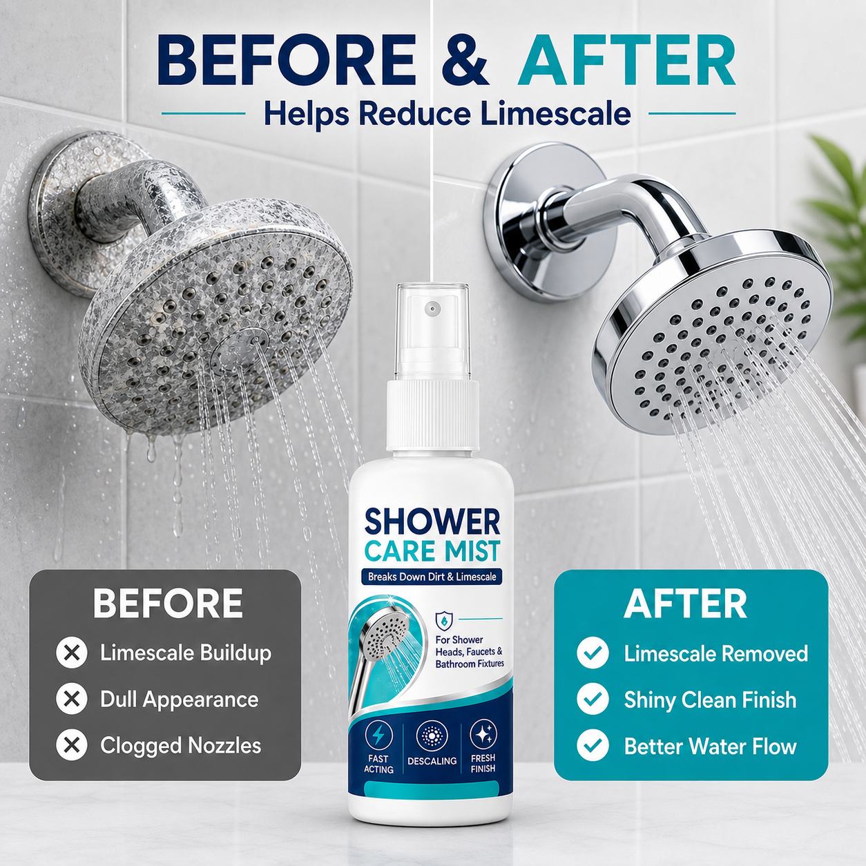 🚿✨Fast-Acting Shower Limescale Remover Spray – Dissolves stubborn mineral deposits & hard water stains. Restores water flow & shine – just spray & wipe! 🧼💪