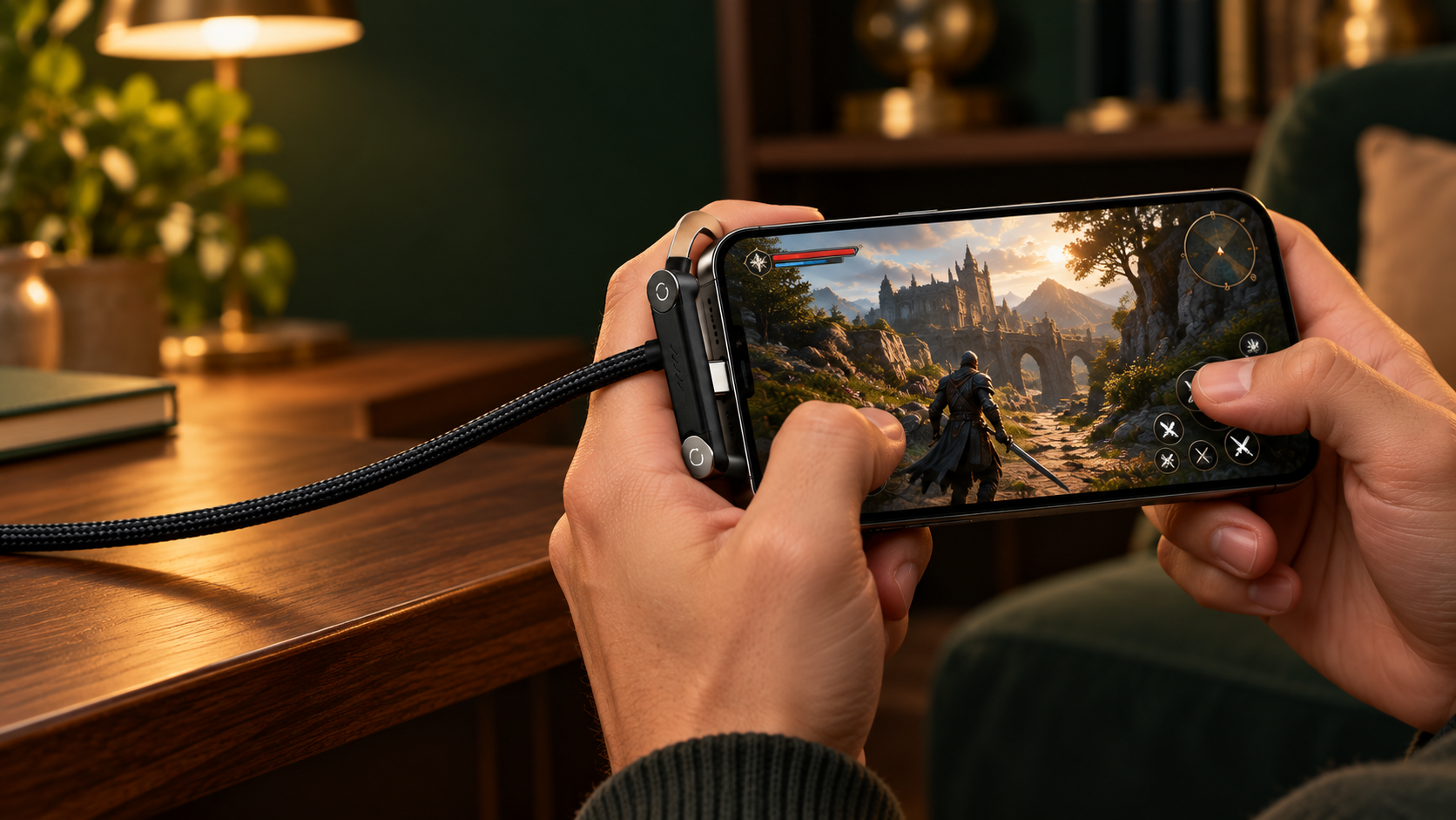 Phone supported in landscape mode by the charging cable