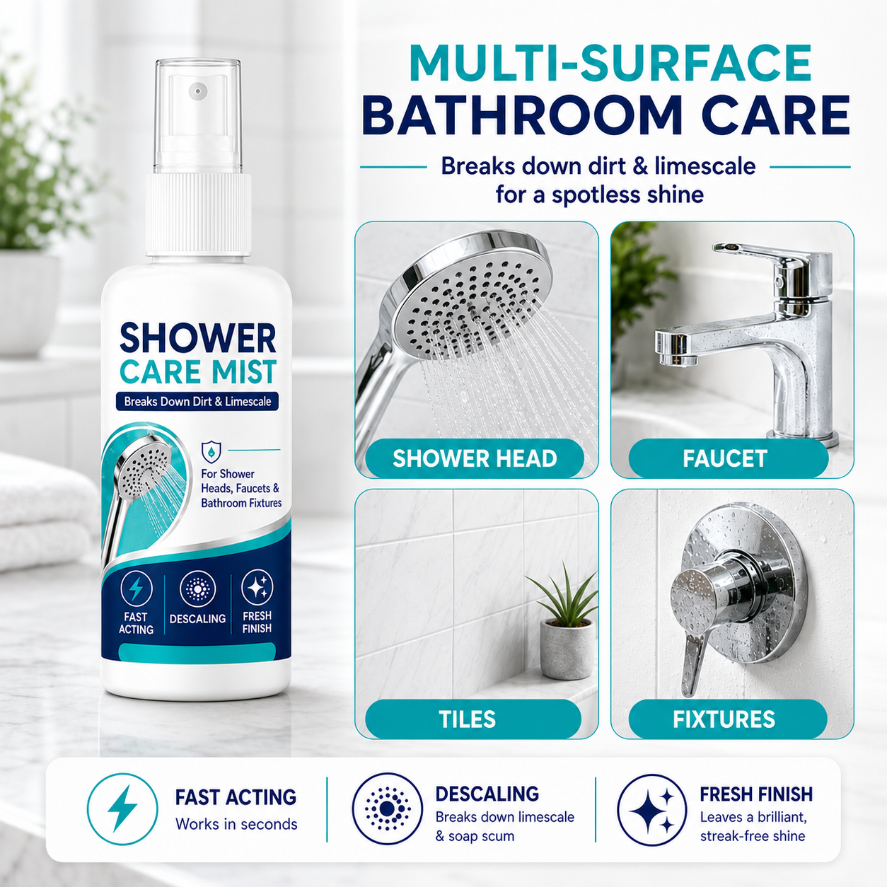 🚿✨Fast-Acting Shower Limescale Remover Spray – Dissolves stubborn mineral deposits & hard water stains. Restores water flow & shine – just spray & wipe! 🧼💪