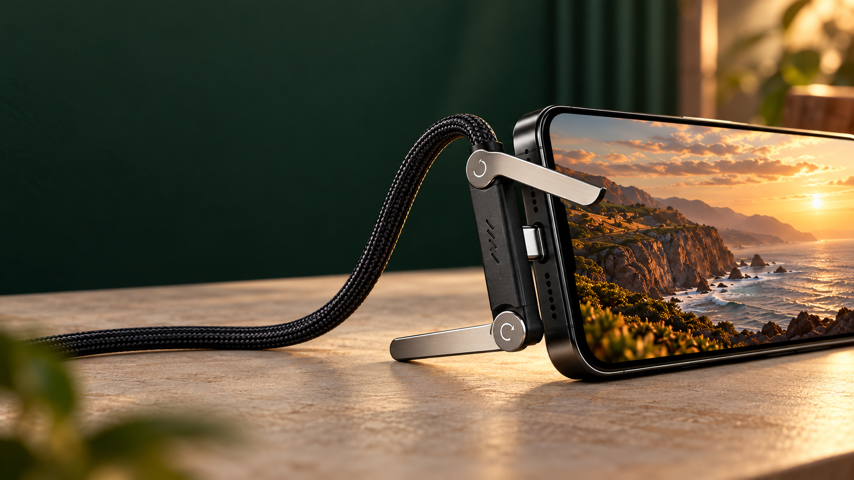 Close view of the fold-out stand and right-angle USB-C connector