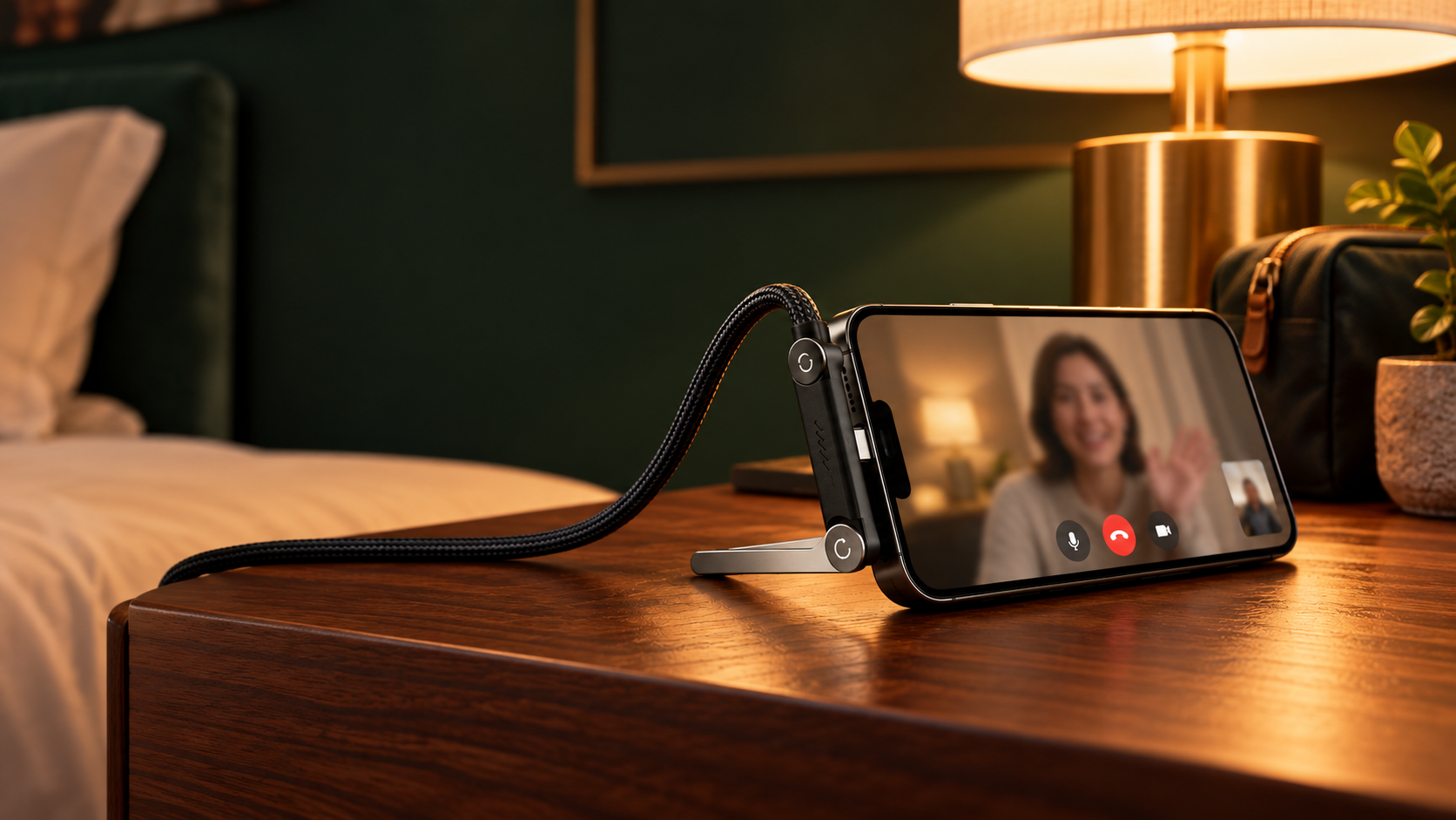 Phone supported hands-free during a hotel video call while charging
