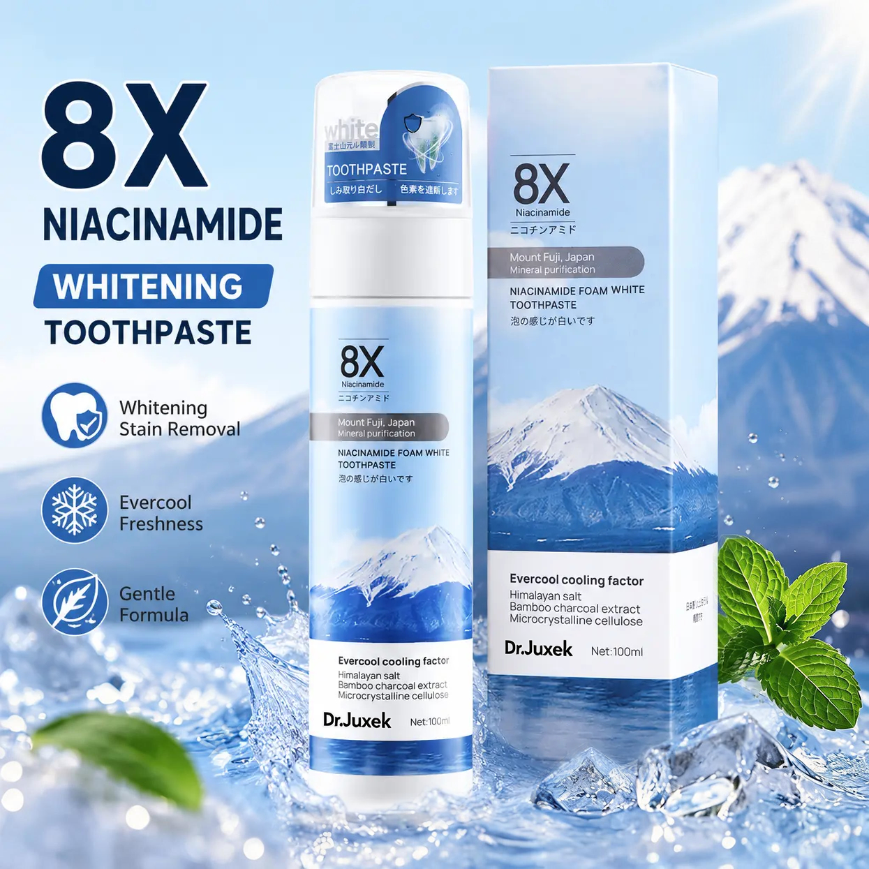 【Family Value Pack】Dr.Juxek Niacinamide Foaming Whitening Toothpaste 8X - Fresh Breath Stain Removal Gentle Teeth Cleaning 100ml-D