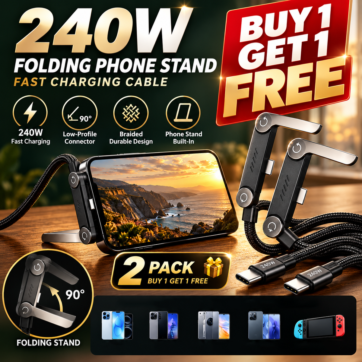BUY 1 GET 1 FREE!⚡Official Authorized | MFi-Certified Cables🔥 2-in-1 Cable 240W Fast Charging with Phone Stand
