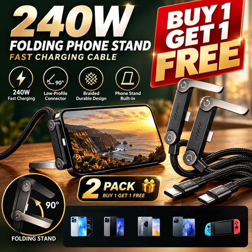 BUY 1 GET 1 FREE!⚡Official Authorized | MFi-Certified Cables🔥 2-in-1 Cable 240W Fast Charging with Phone Stand