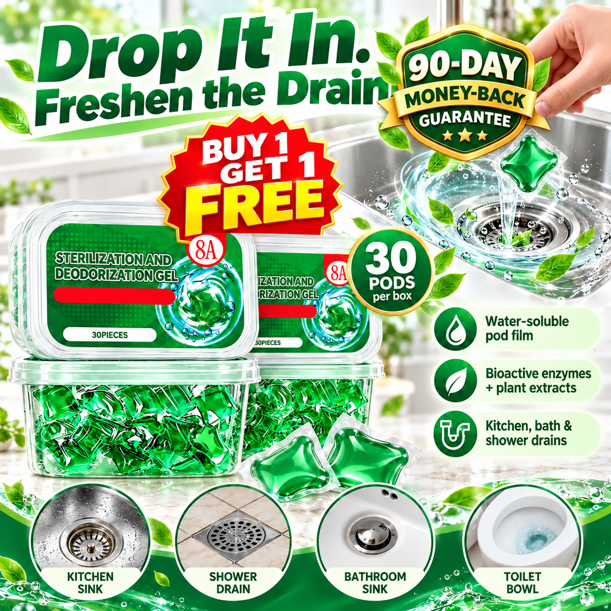 🔥 BUY 1 GET 1 FREE 🎁 Bio-Enzyme Drain Deodorizer Capsules, 1 Box (30 PCS) 🚿